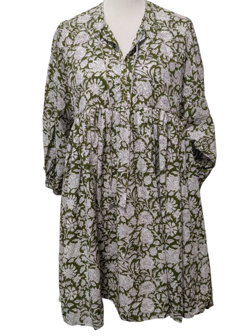 House Of Sundar Womens Size L Maya Olive Green Floral Block Printed Mini Dress